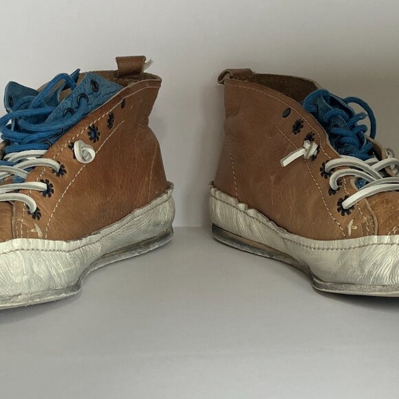 Mens Brown Leather Sneakers Blue Insert Double Lace Beds Made in Portugal - Picture 3 of 6